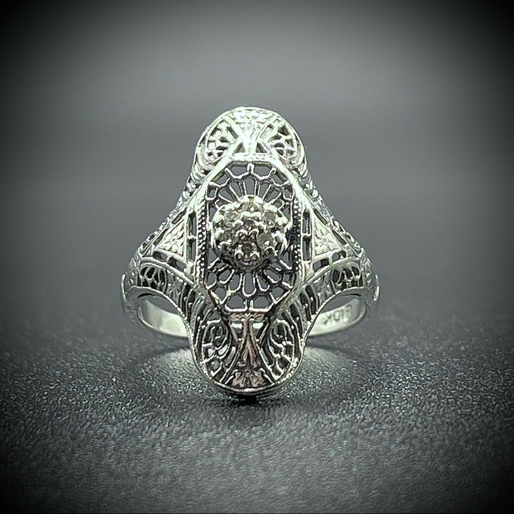 Sale! Antique Art Deco 10K White Gold 7 Genuine Diamond Cocktail Ring Size 4.75